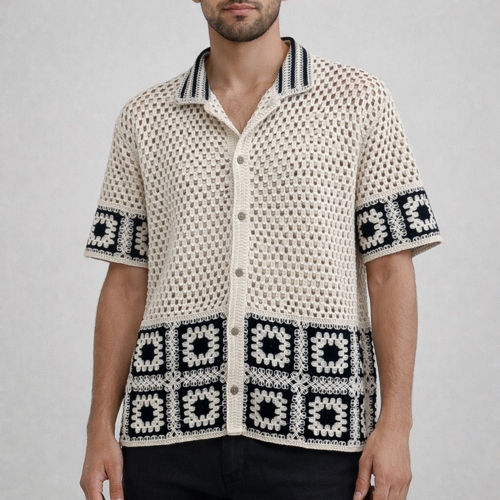 Morsecode Crochet Button Down Cream Black Knit Short Sleeve Boho Resort Style